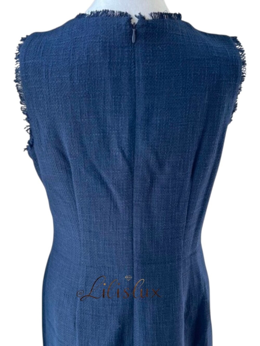 KARL LAGERFELD PARIS Sleeveless Tweed Fringe Sheath Dress Navy Size 10 EUC - Picture 8 of 15